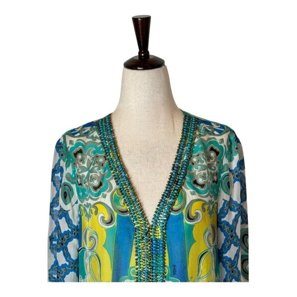 Hale Bob Shirt Women Small Green Blue Silk Beaded V Neck Ruched Sleeve Blouse - Picture 3 of 12